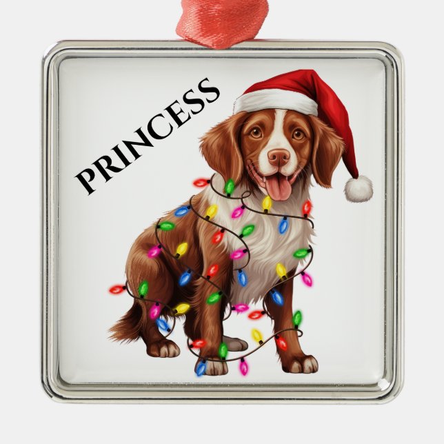NIEDLICHER BRITTANY HUND MIT CHRISTMAS LIGHTS ORNAMENT AUS METALL (Vorne)