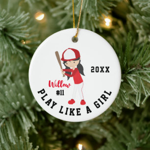 Niedlicher Brünetter Girl Softball Player Weihnach Keramik Ornament