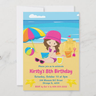 Niedlicher Brünetter Girl Summer Beach Geburtstag Einladung