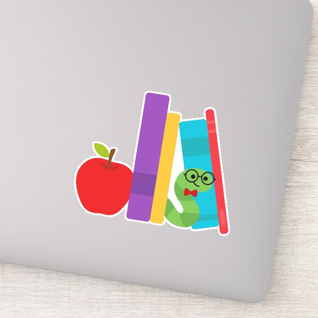 Niedlicher Bücherwurm mit Apfelkinderdesign Aufkleber (Detail)