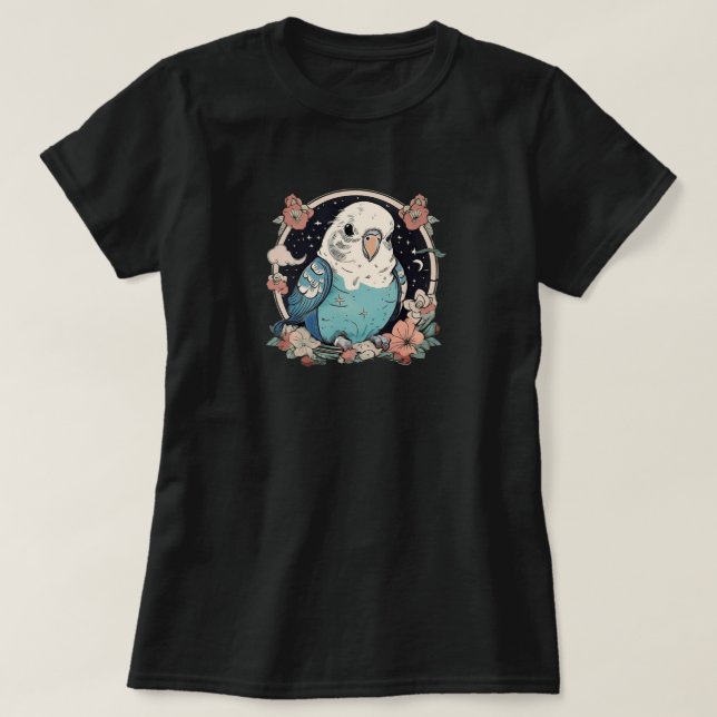 Niedlicher Budgie im Blumenkranz T - Shirt der Fra (Design vorne)
