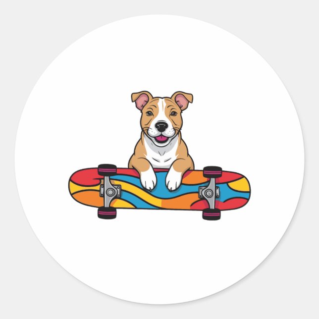 Niedlicher Bull Terrier auf einem Skateboard Runder Aufkleber (Vorderseite)