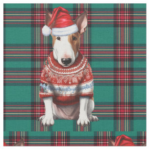Niedlicher Bull Terrier Dog Urlaub Kariert Weihnac Stoff