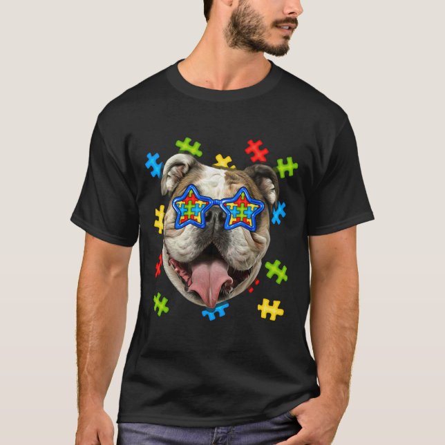 Niedlicher Bulldog Autism Puzzle Sonnenbrille Pupp T-Shirt (Vorderseite)