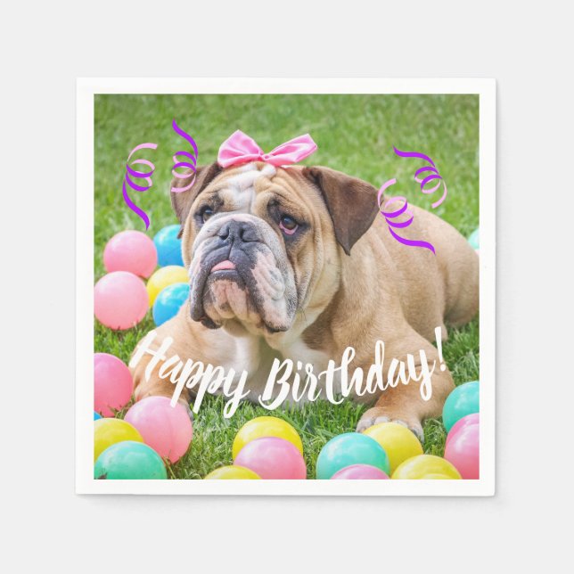 Niedlicher Bulldog Happy Birthday Serviette (Vorderseite)
