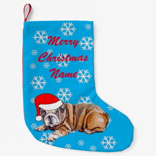 Niedlicher Bulldog mit Weihnachtsmannmütze Kleiner Weihnachtsstrumpf (Vorderseite)