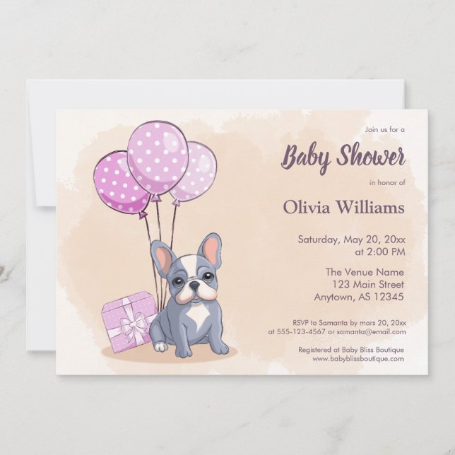 Niedlicher Bulldog Pup Pink Ballons Babydusche Einladung (Vorderseite)