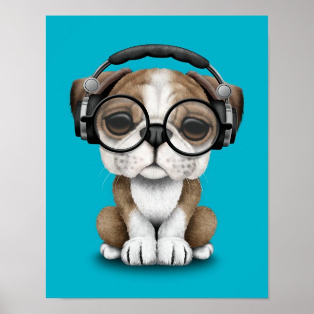 Niedlicher Bulldog Puppy-Dj mit Kopfhörern Poster (Vorne)