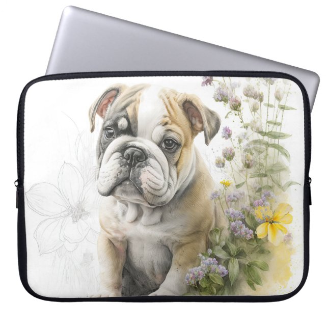 NIEDLICHER BULLDOG PUPPY HUND UND WILDBLUMEN LAPTOPSCHUTZHÜLLE (Vorderseite)
