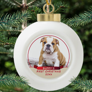 Niedlicher Bulldog Welpe 1 Weihnachtsmann Foto Keramik Kugel-Ornament