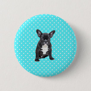 Niedlicher Bulldog Welpe Blue Polka Dots Button