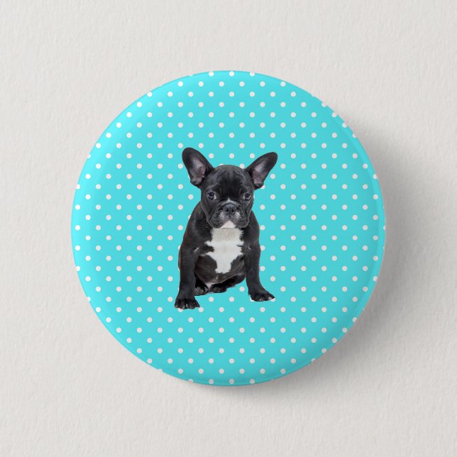 Niedlicher Bulldog Welpe Blue Polka Dots Button (Vorderseite)