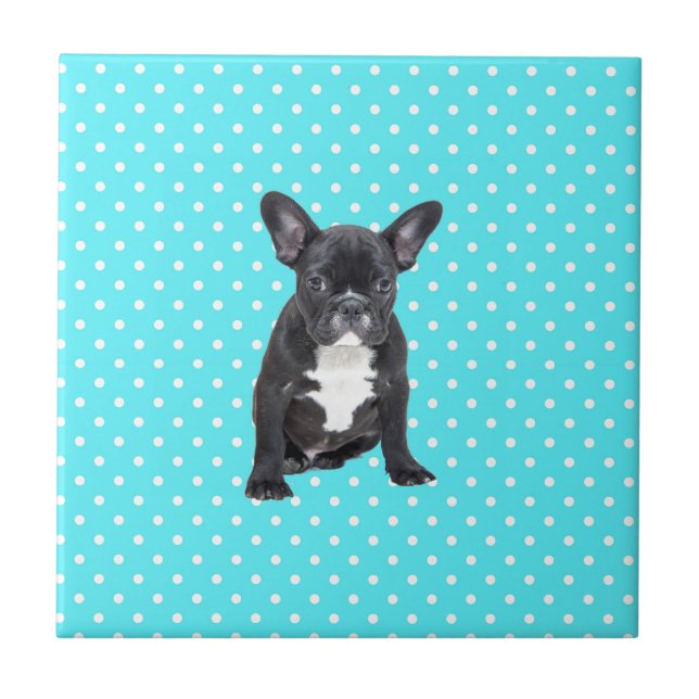 Niedlicher Bulldog Welpe Blue Polka Dots Fliese (Vorderseite)