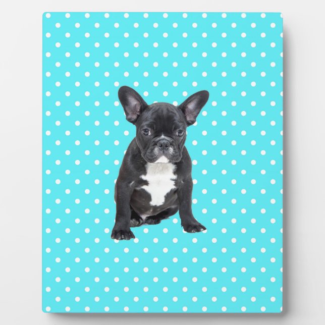 Niedlicher Bulldog Welpe Blue Polka Dots Fotoplatte (Vorderseite)