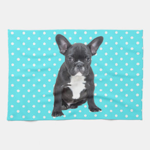 Niedlicher Bulldog Welpe Blue Polka Dots Geschirrtuch