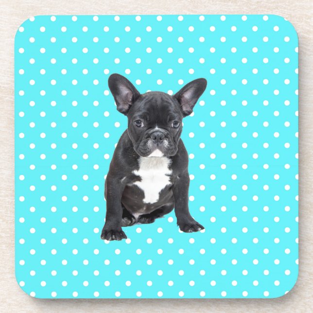 Niedlicher Bulldog Welpe Blue Polka Dots Getränkeuntersetzer (Vorderseite)