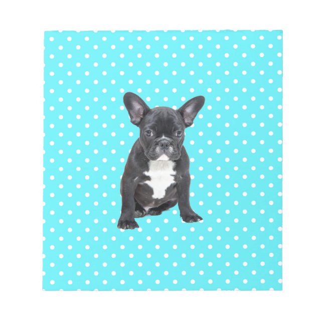 Niedlicher Bulldog Welpe Blue Polka Dots Notizblock (Vorderseite)