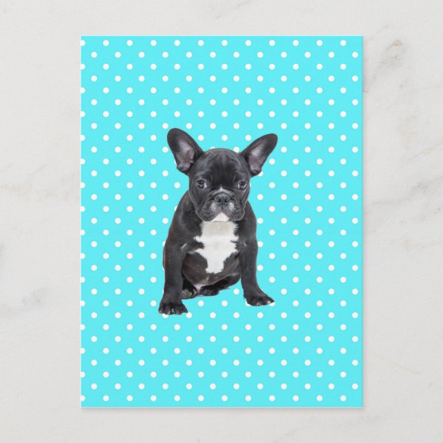 Niedlicher Bulldog Welpe Blue Polka Dots Postkarte (Vorderseite)