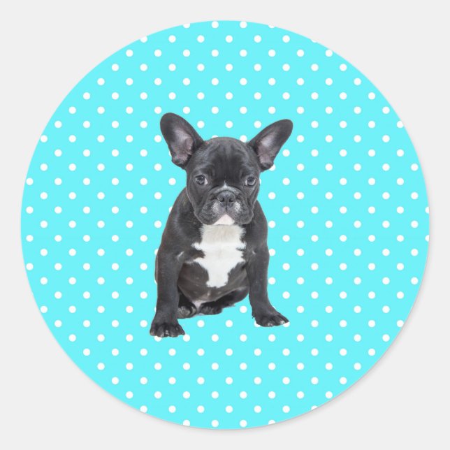 Niedlicher Bulldog Welpe Blue Polka Dots Runder Aufkleber (Vorderseite)