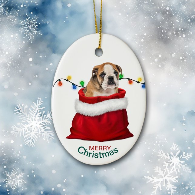 Niedlicher Bulldog Welpe in der Holiday Gift Bag Keramik Ornament (Von Creator hochgeladen)