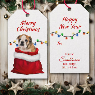 Niedlicher Bulldog Welpe in Santa Bag Geschenkanhänger