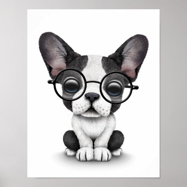 Niedlicher Bulldog Welpe mit Brille, weiß Poster (Vorne)