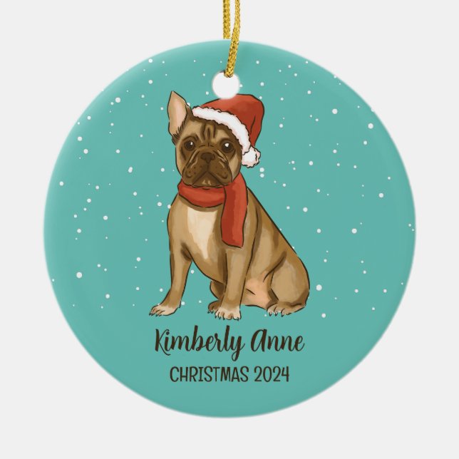 Niedlicher Bulldogge Weihnachtshund Schnee Winteru Keramik Ornament (Vorne)