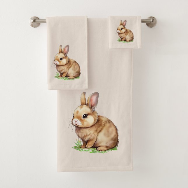 Niedlicher Bunny auf Light Sand Beige Badhandtuch Set (Insitu)