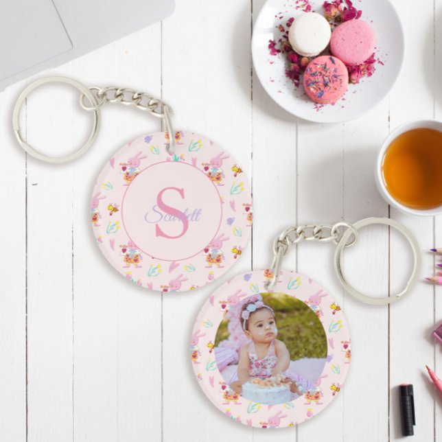 Niedlicher Bunny Beam Muster Monogram Name Pink Schlüsselanhänger (Von Creator hochgeladen)