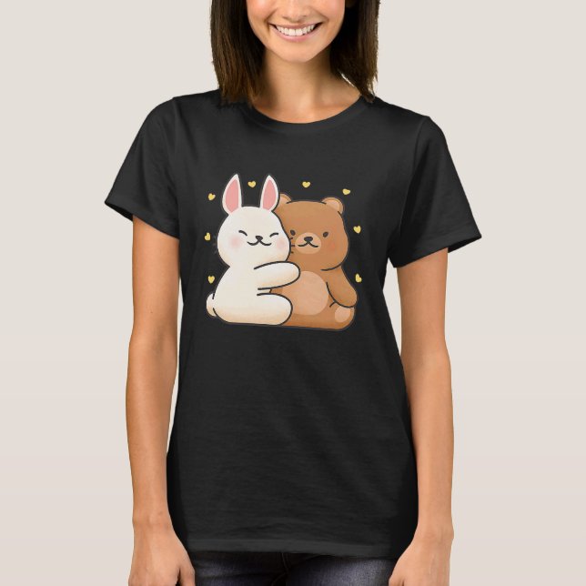 Niedlicher Bunny Hug Bunny Bunny und Bär Sie teile T-Shirt (Vorderseite)