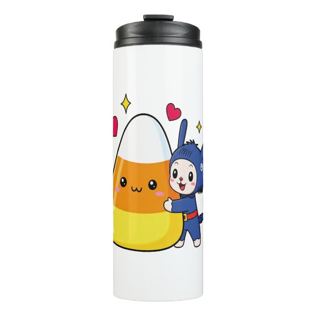 Niedlicher Bunny Hugging Candy Corn Thermosbecher (Vorderseite)