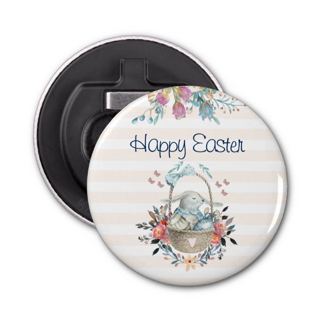 Niedlicher Bunny in Basket & Tulip Florals Frohe O Flaschenöffner (Vorderseite)