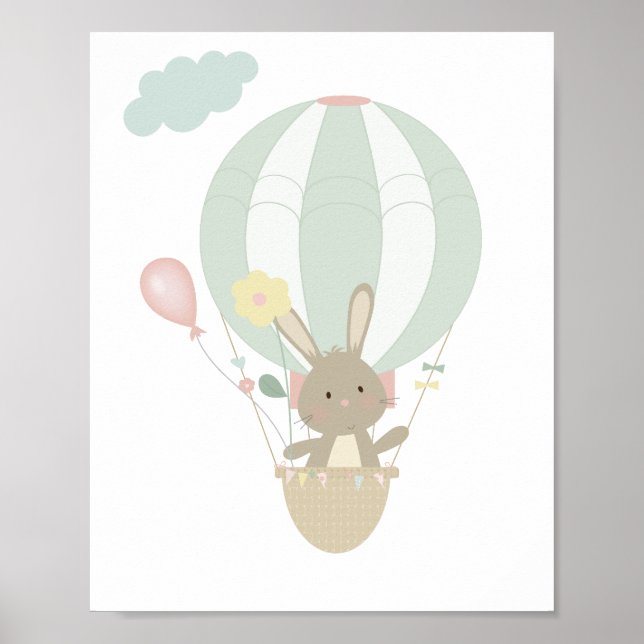 Niedlicher Bunny in Blue Hot Air Ballon Kinderzimm Poster (Vorne)
