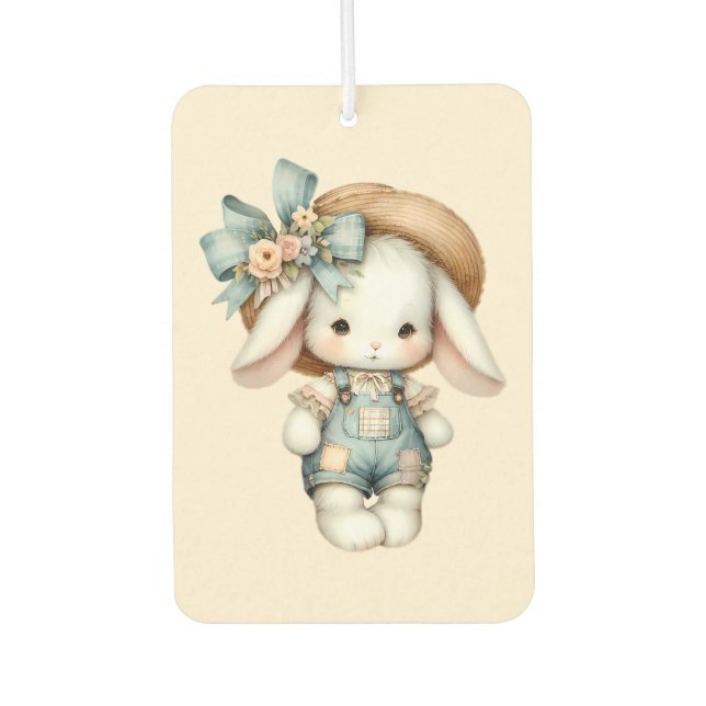Niedlicher Bunny in Overalls mit Strohhut & Bow Autolufterfrischer (Vorderseite)