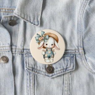 Niedlicher Bunny in Overalls mit Strohhut & Bow Button