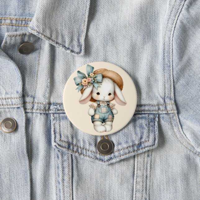 Niedlicher Bunny in Overalls mit Strohhut & Bow Button (Beispiel)
