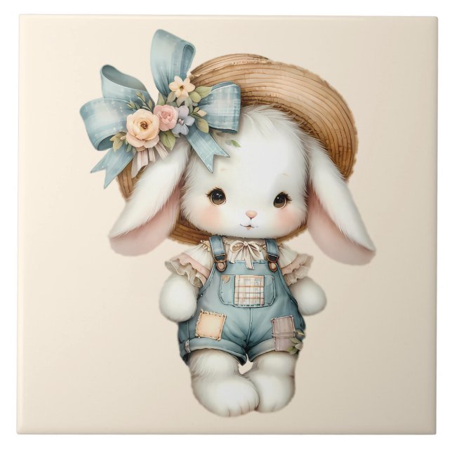 Niedlicher Bunny in Overalls mit Strohhut & Bow Fliese (Vorderseite)