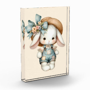 Niedlicher Bunny in Overalls mit Strohhut & Bow Fotoblock