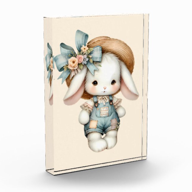 Niedlicher Bunny in Overalls mit Strohhut & Bow Fotoblock (Links)