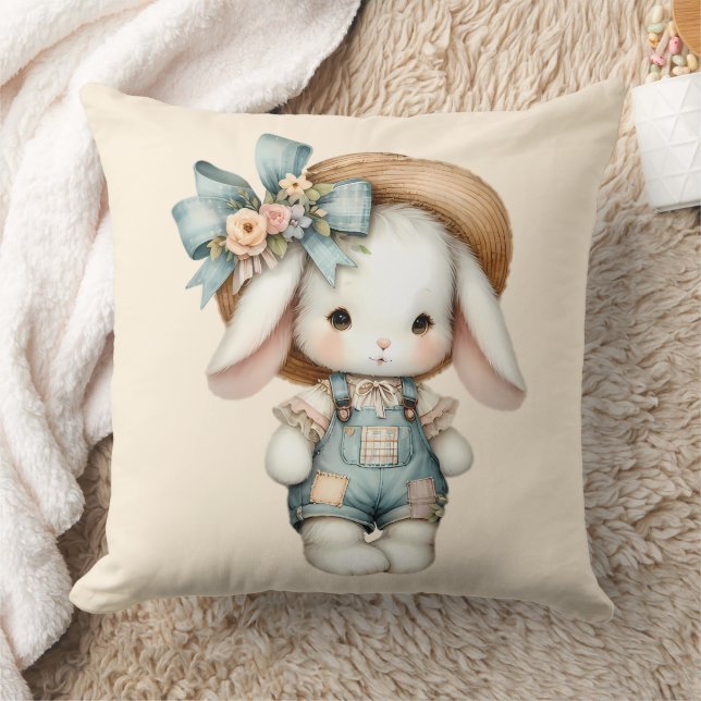 Niedlicher Bunny in Overalls mit Strohhut & Bow Kissen (Decke)