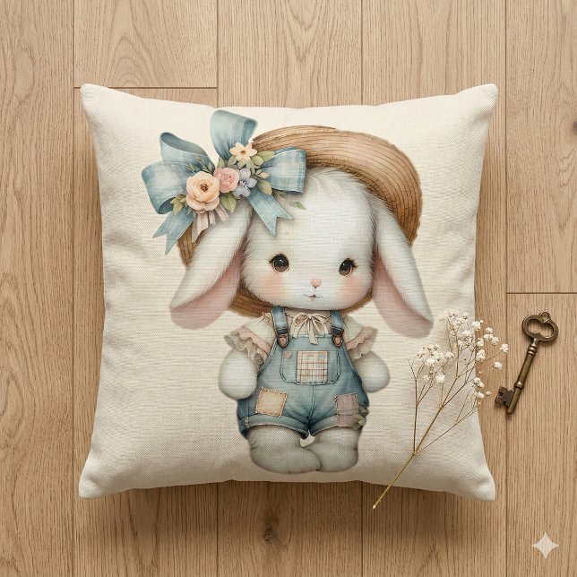 Niedlicher Bunny in Overalls mit Strohhut & Bow Kissen (Cute Bunny in Overalls with Straw Hat & Bow Throw Pillow Mockup D)