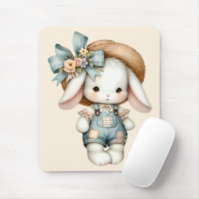 Niedlicher Bunny in Overalls mit Strohhut & Bow Mousepad (Mit Mouse)