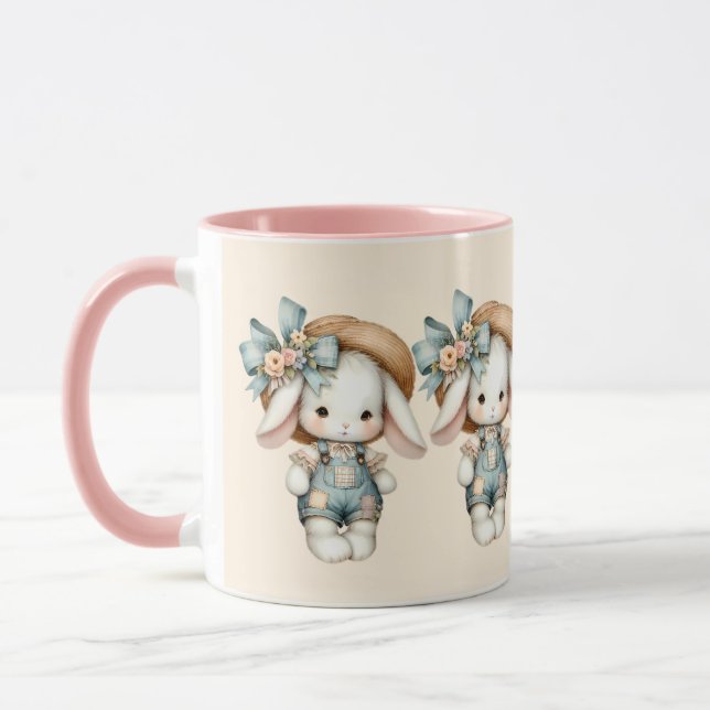 Niedlicher Bunny in Overalls mit Strohhut & Bow Tasse (Links)