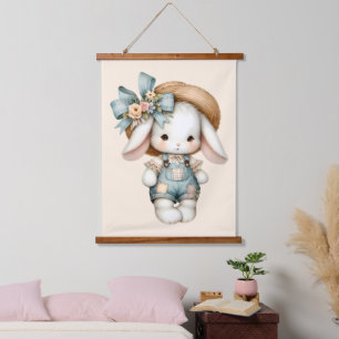 Niedlicher Bunny in Overalls mit Strohhut & Bow Wandteppich Mit Holzrahmen