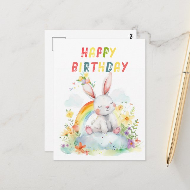 Niedlicher Bunny Rainbow Buntes Glück zum Geburtst Postkarte (Vorderseite/Rückseite Beispiel)