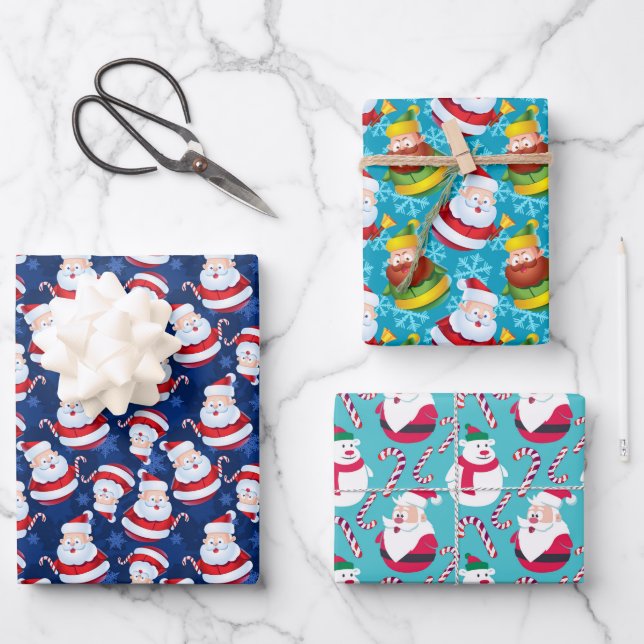 Niedlicher bunter Weihnachtsmann und Schneemann Geschenkpapier Set (Vorderseite)