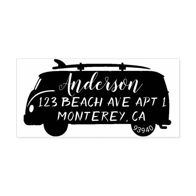 Niedlicher Bus mit Surfboard-Adresse Briefmarke Gummistempel (Prägung)