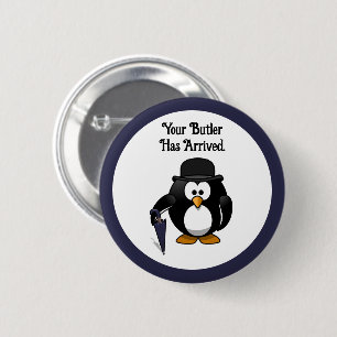 Niedlicher Butler Penguin Cartoon mit Schirm Button