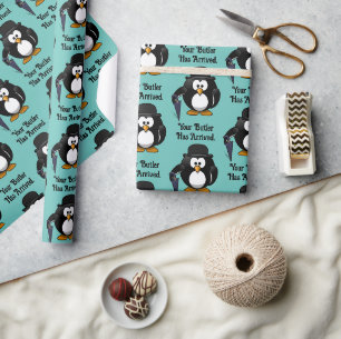 Niedlicher Butler Penguin Cartoon mit Schirm Geschenkpapier