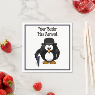 Niedlicher Butler Penguin Cartoon mit Schirm Serviette